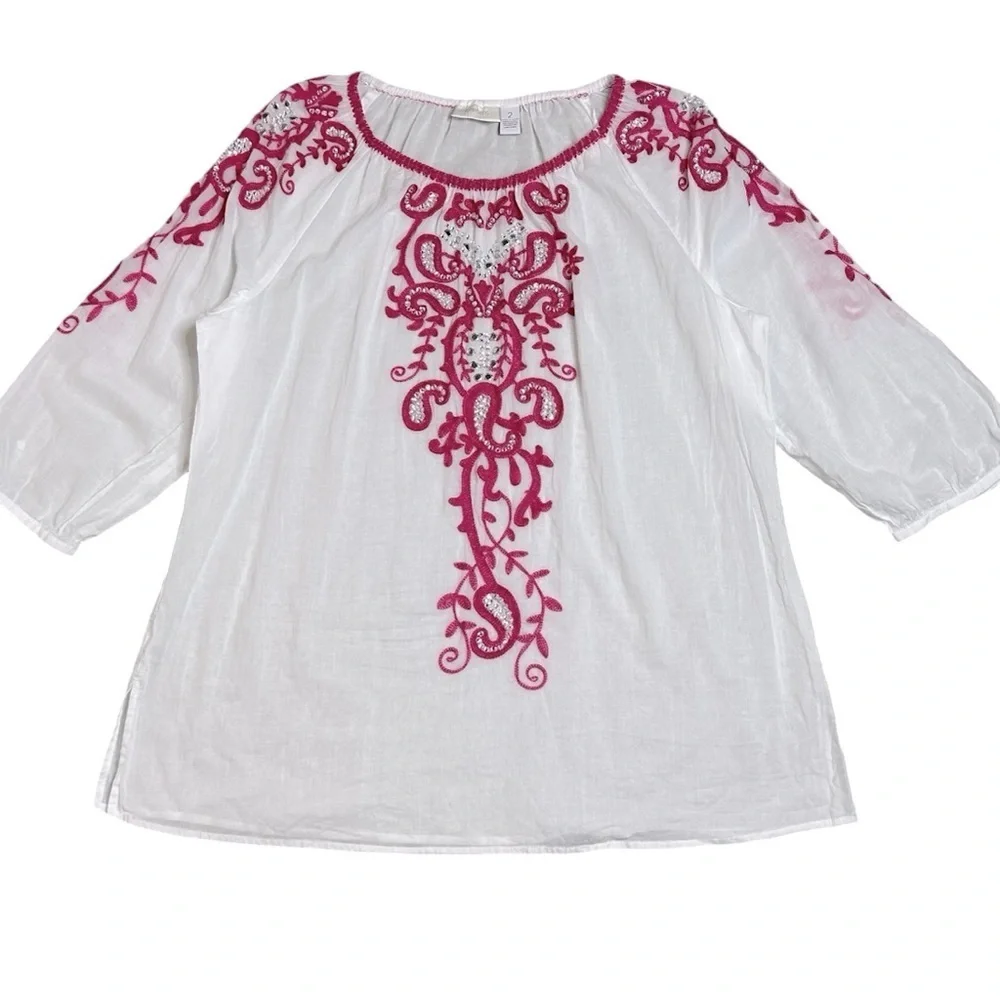 CHICO'S Anelle Blouse 3/4 sleeves Embroidered Embellished White Fuchsia Like new - Picture 7 of 16